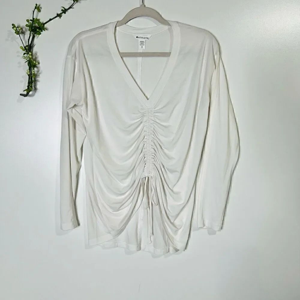 Athleta White Center Ruched Longsleeve Tee Shirt V-neck